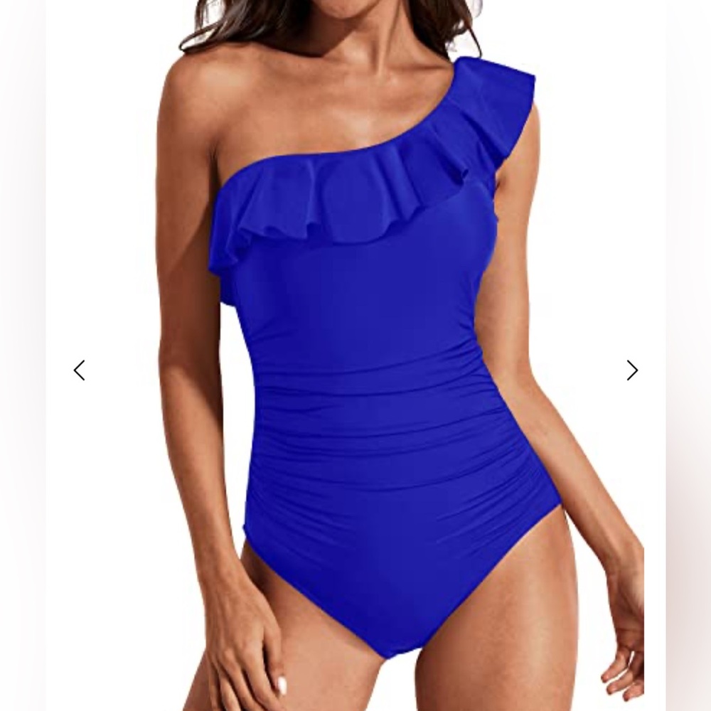 Front Ruched One Shoulder with Ruffle One-Piece Swimwear-Royal Blue Medium. NWT